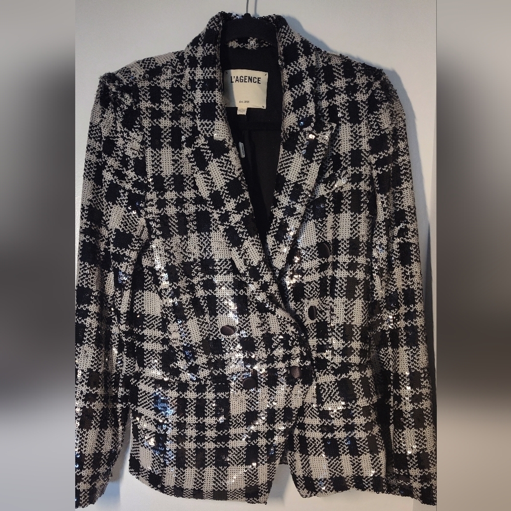 L'agence Sequin Black And White Checkered Blazer Size 4 #605